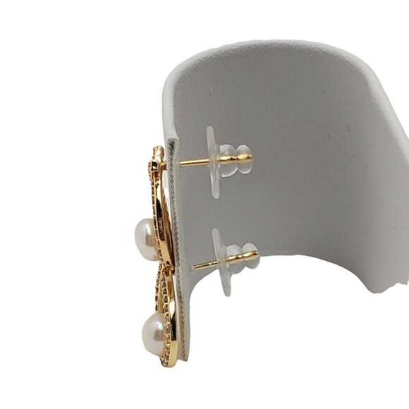 Natural Pearl 18K Gold Plated Rhinestone Stud Post Earrings - Picture 4 of 5